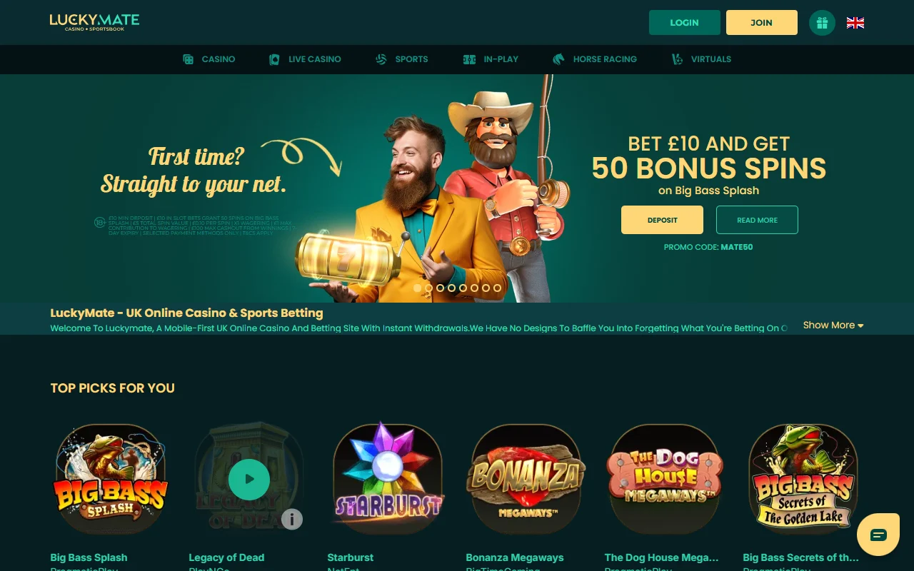 Lucky Mate Casino lobby and game showcase
